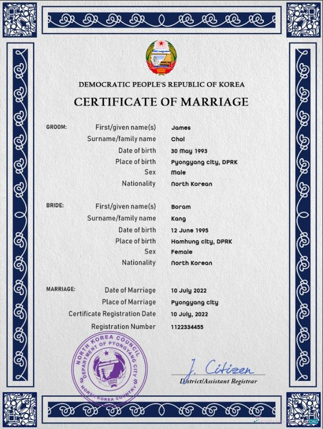 Download North Korea marriage certificate PSD template Photoshop template